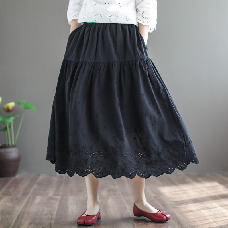 Cozy Retro Linen Loose Hollow Pleated Skirt