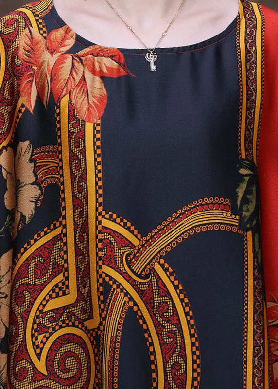 Classy Red O-neck Print Silk Loose Long Dresses Gown Batwing Sleeve