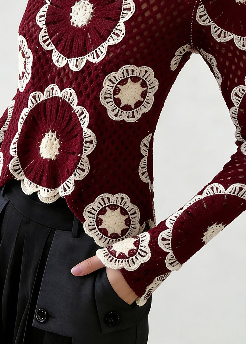 Red O-neck Hollow Out Knit Top Spring