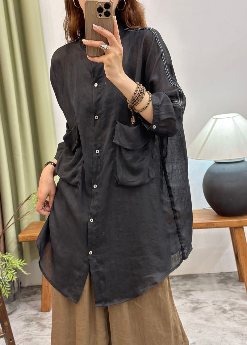Black Oversized Pockets Cotton Long Shirt Summer