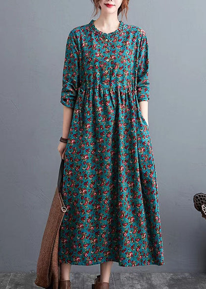 Half Sleeve Cotton Summertunics Shape Green Prints Robe Dresses