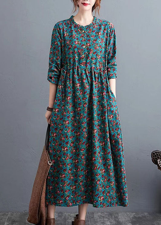 Half Sleeve Cotton Summertunics Shape Green Prints Robe Dresses