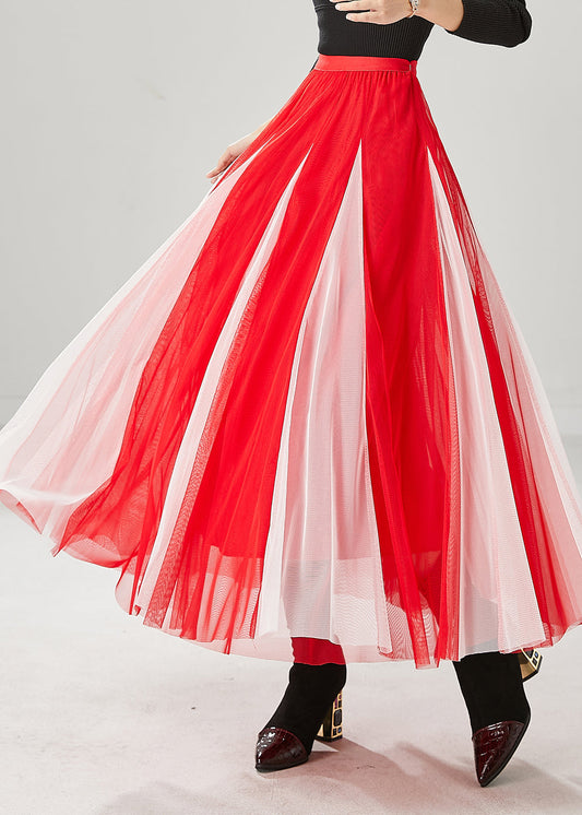 Red Wrinkled Patchwork Tulle Skirts Spring