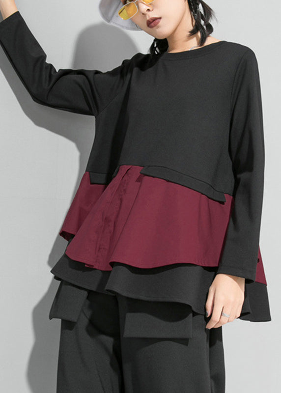 Simple Mulberry O-neck Ruffled Patchwork Top Spring