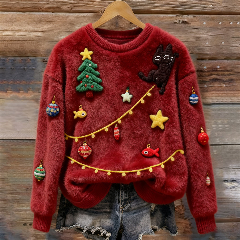 Naughty Christmas Cat Women's Cozy Plush Sweater elevenforest