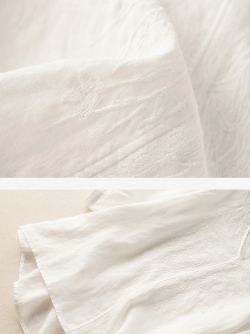 Embroidered V Neck 3/4 Sleeve Linen Tee Top