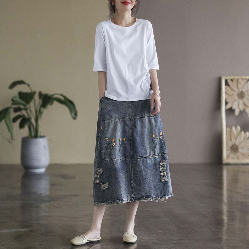 Denim Shredded Embroidered A-line Skirt