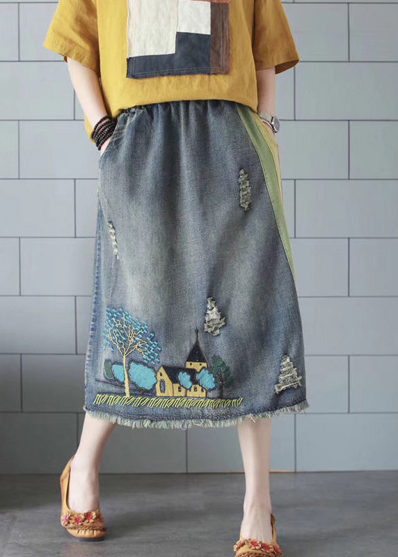 Blue Embroideried Patchwork Patchwork a Line Skirt Summer