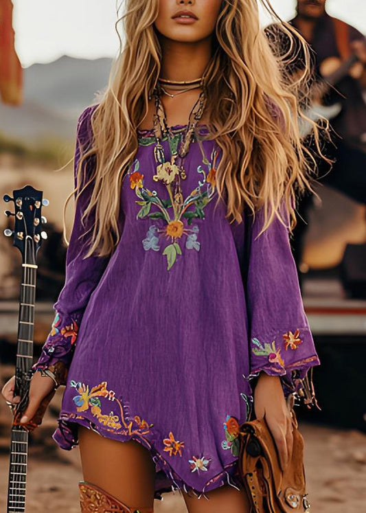 Purple Print Cotton Mid Dresses Long Sleeve