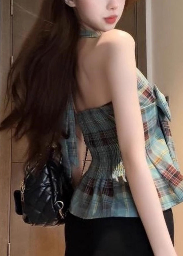 Green Backless Plaid Halter Vests Summer
