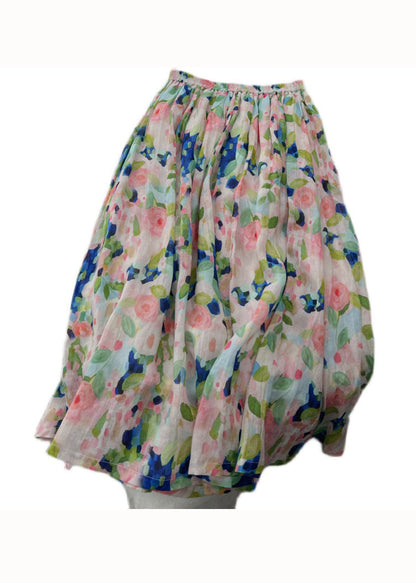 Pink Print Wrinkled Patchwork Linen Skirts Summer