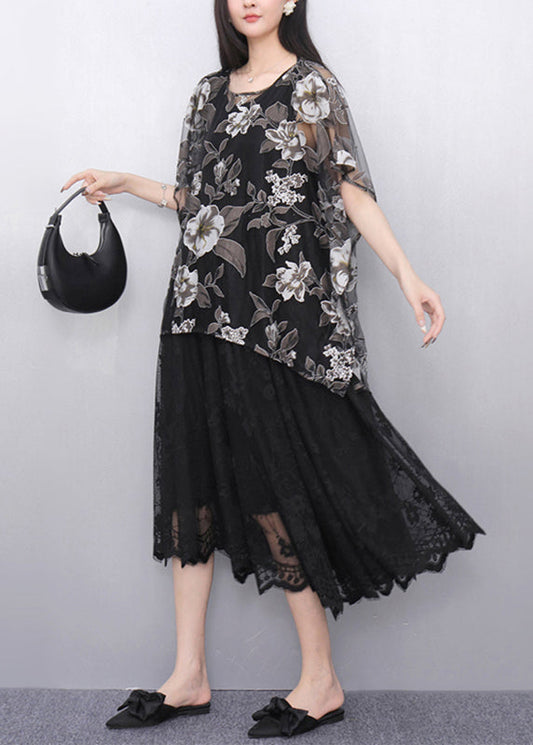 Black Print Tulle T Shirt and Long Dress Two Pieces Set Batwin Sleeve