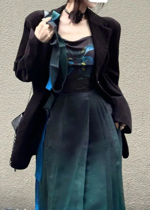 Gradient Color Print Coats Vest and Maxi Skirts Three Pieces Set Spring