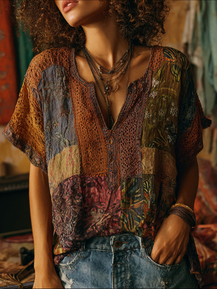 Bohemian-style Patchwork And Embroidery V-neck Short-sleeved Shirt elevenforest