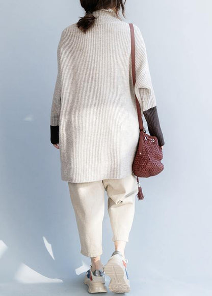 For Beige Knitted Top High Neck Knit Wear Front Open