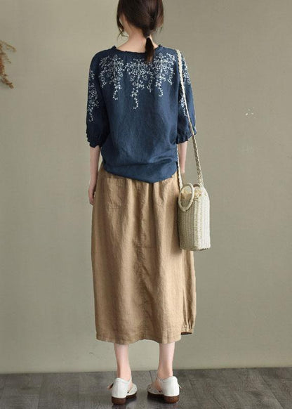 Handmade Navy Lantern Sleeve O-neck Embroidered Summer Cotton Blend Blouses