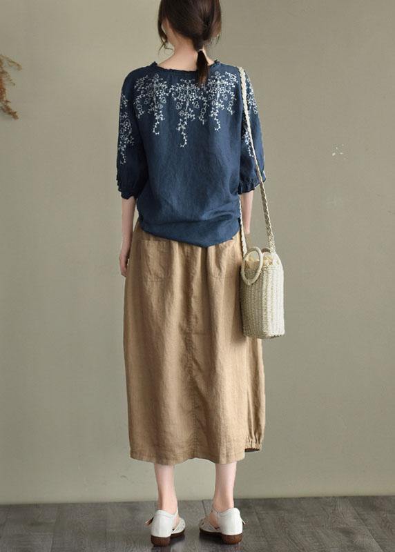 Handmade Navy Lantern Sleeve O-neck Embroidered Summer Cotton Blend Blouses