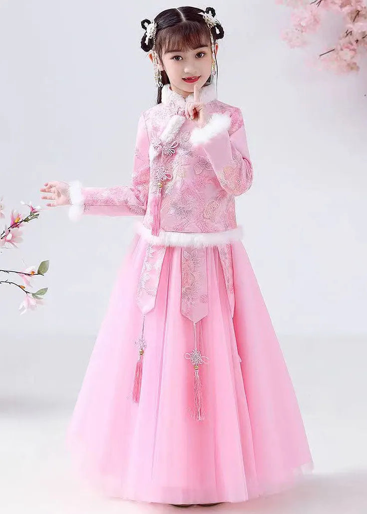 Style Pink Embroideried Warm Fleece Coats and Tulle Maxi Skirts Two Pieces Set Long Sleeve