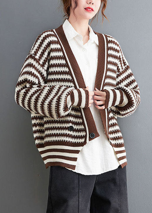 Coffee V Neck Striped Cozy Knit Coat Outwear Spring