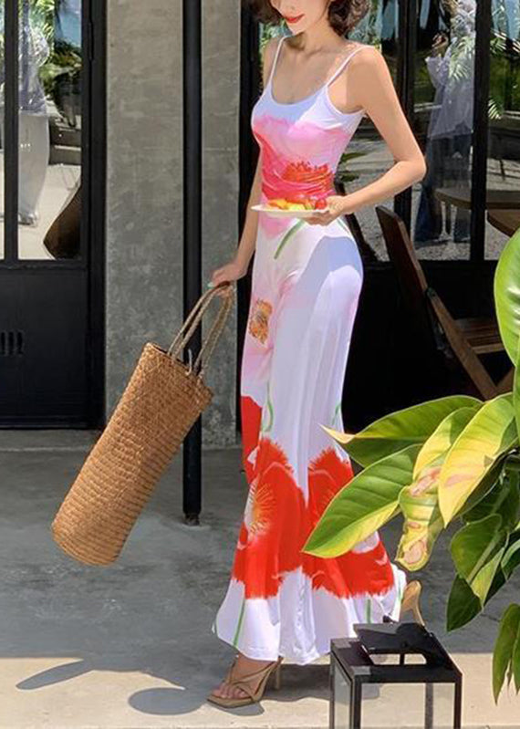 White Print Silk Maxi Spaghetti Strap Dress Sleeveless