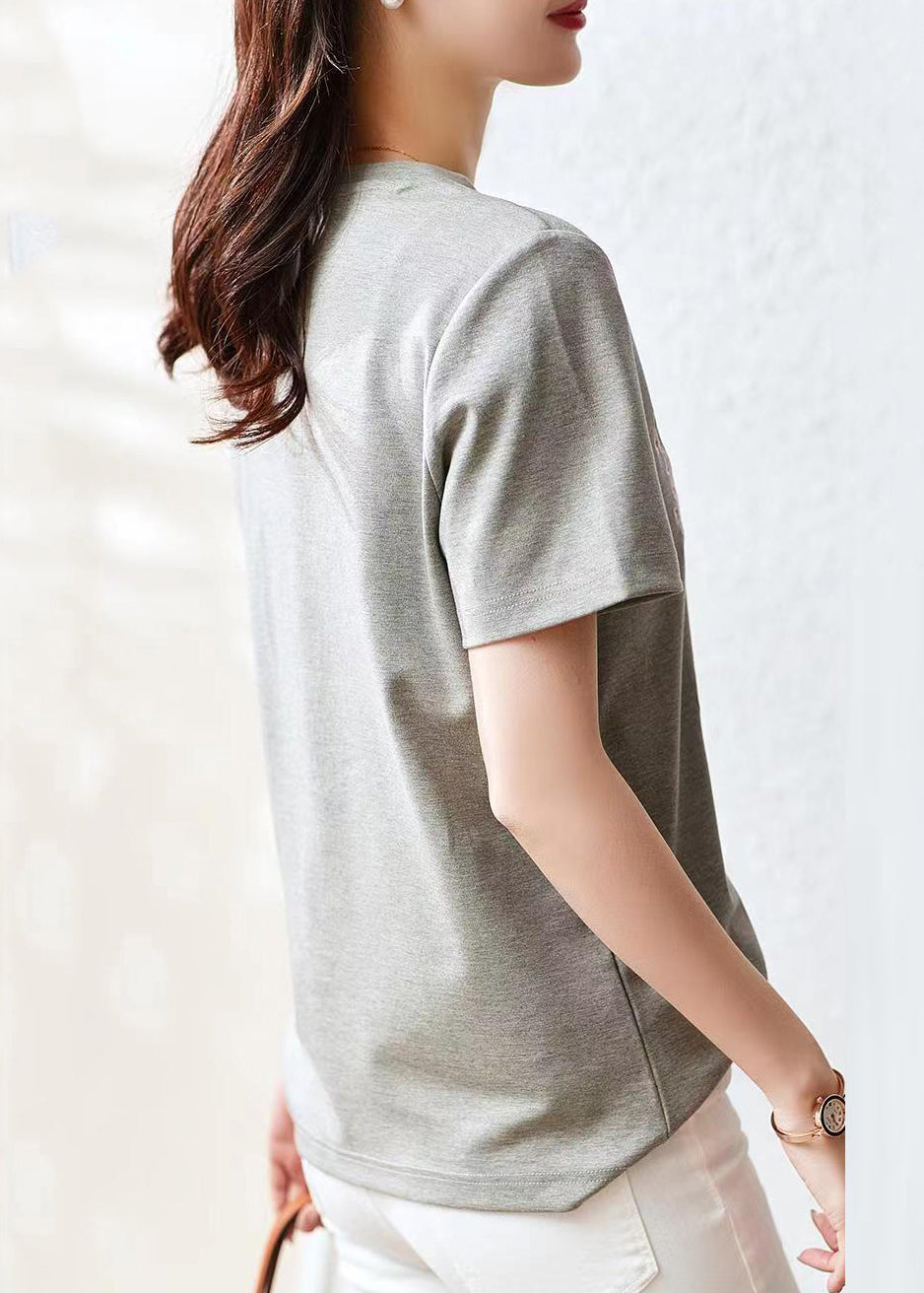 Grey O Neck Embroidered Patchwork Cotton T Shirt Summer