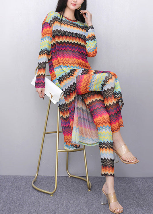 Novelty Rainbow Striped Tulle Long Dress and Pants Two Pieces Set Fall