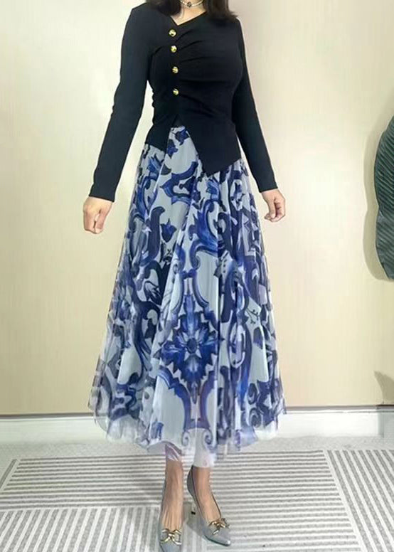 Blue High Waist Print Wrinkled Tulle Skirt Spring