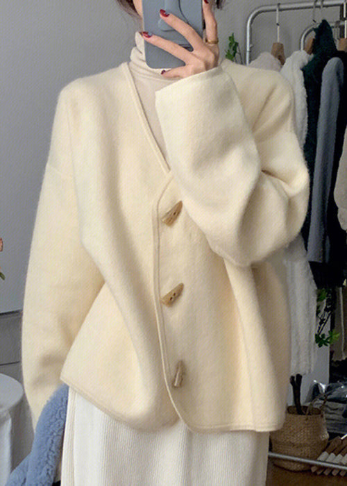 Simple Beige V Neck Button Knitting Cotton Coats Fall
