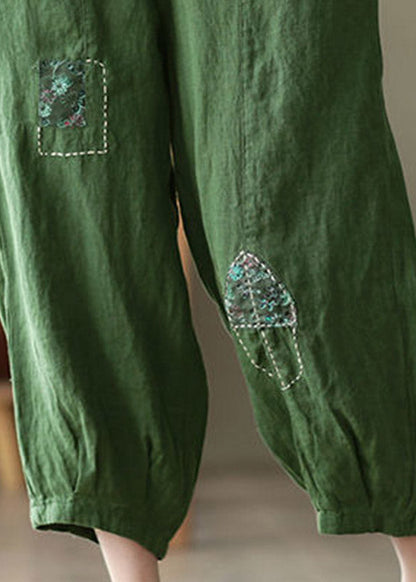 Green Pockets Print Elastic Waist Linen Harem Pants Summer