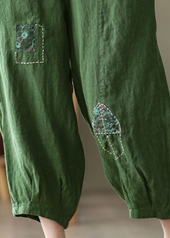 Green Pockets Print Elastic Waist Linen Harem Pants Summer