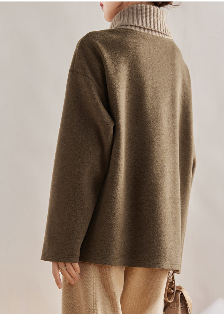 Army Green Turtle Neck Patchwork Cotton Sweatshirts Tops Winter