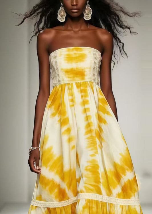 Yellow Tie Dye Exra Large Hem Chiffon Strapless Dress Summer