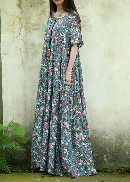 Blue O Neck Print Patchwork Cotton Maxi Dress Summer