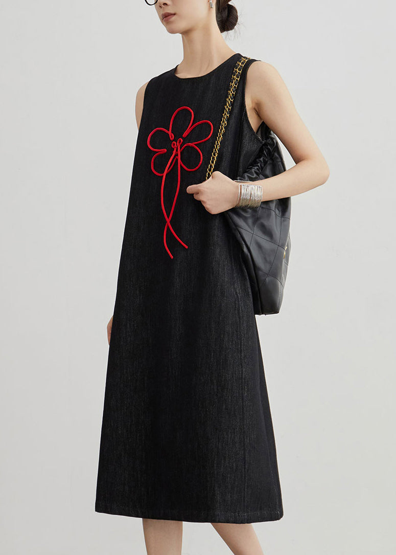 Black Embroidered Zippered Denim Dresses Sleeveless