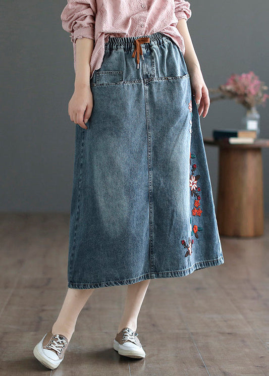 Style Blue Embroideried Patchwork Elastic Waist Denim a Line Skirts Summer