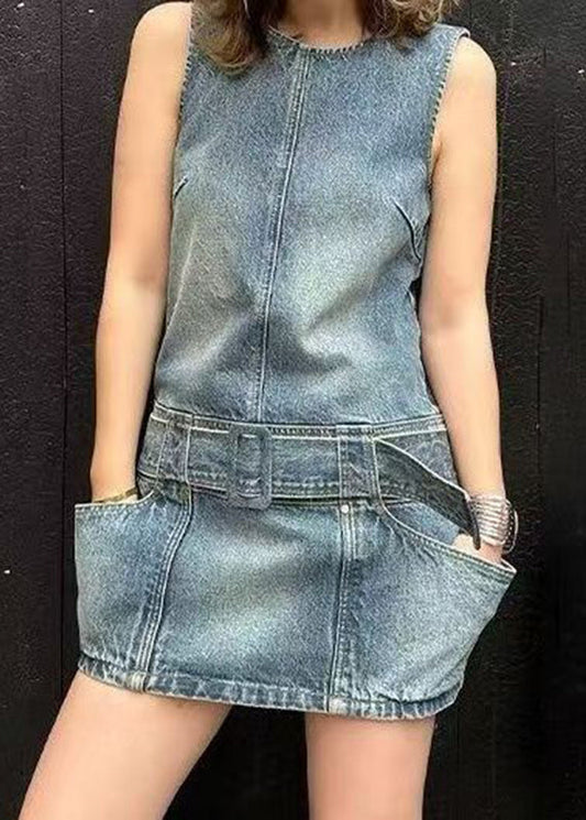 Blue O-neck Patchwork Sashes Denim Mid Dress Sleeveless