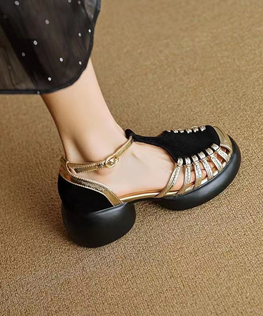 Black Chunky Suede Comfy Splicing Hollow Out Sandals