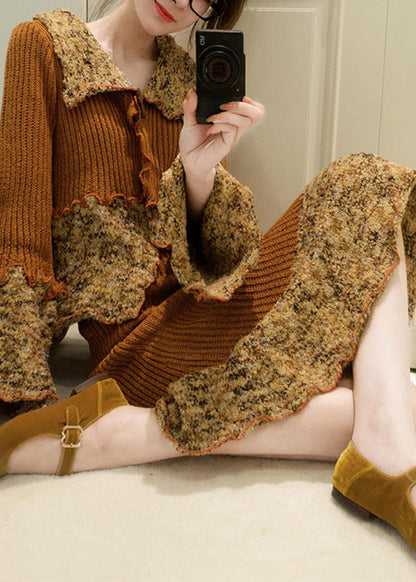 French Peter Pan Collar Print Patchwork Cotton Knit Cardigans and Maxi Skirts Two Pieces Set Spring