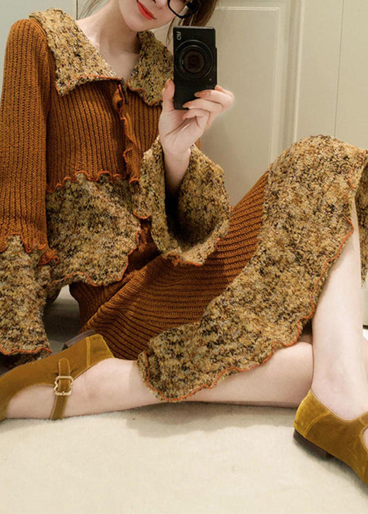 French Peter Pan Collar Print Patchwork Cotton Knit Cardigans and Maxi Skirts Two Pieces Set Spring