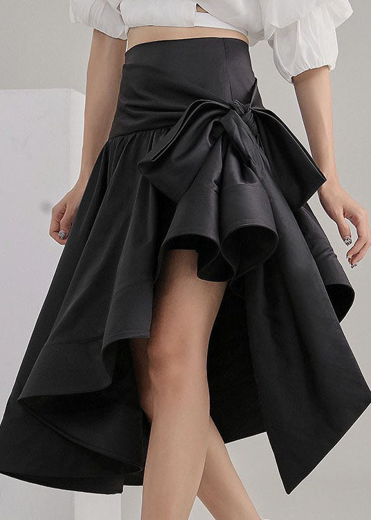 Black Tie Waist Asymmetrical Satin Pleated Skirt Spring