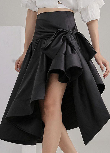 Black Tie Waist Asymmetrical Satin Pleated Skirt Spring