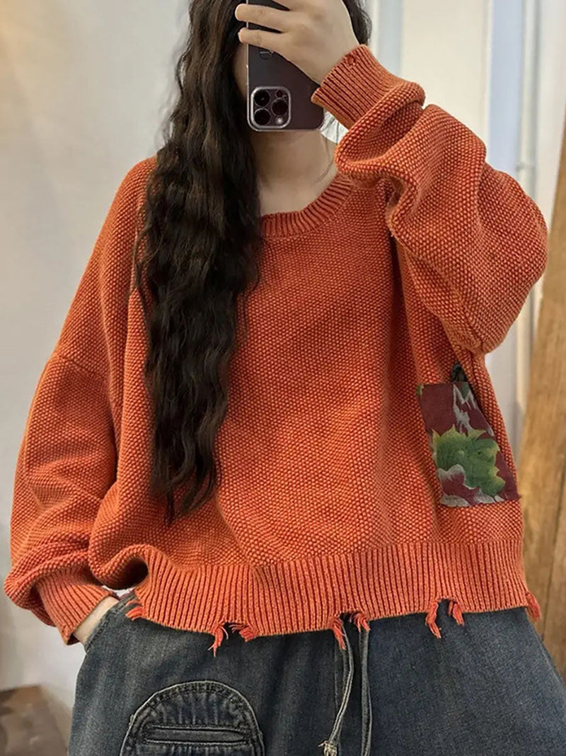 Knitted Patch Designs Irreagular Hem Sweater