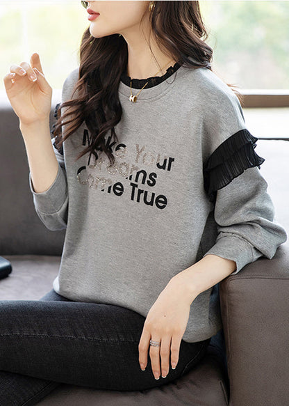 Grey O-neck Ruffled Graphic Patchwork Zircon Sweatshirts Fall