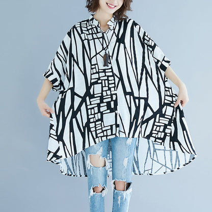 Striped Natural Cotton Linen T Shirt Cardigans Batwing Sleeve Stand Brief T Shirt