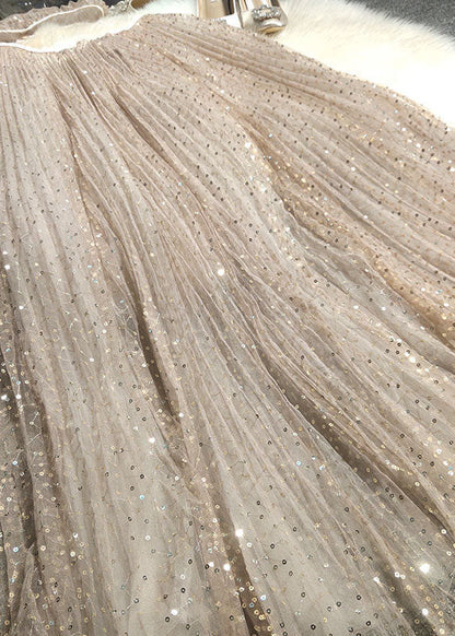 Khaki Embroideried Sequins Tulle a Line Skirt Spring