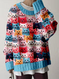Comstylish Colorful Cute Cats Pattern Cozy Knit Sweater