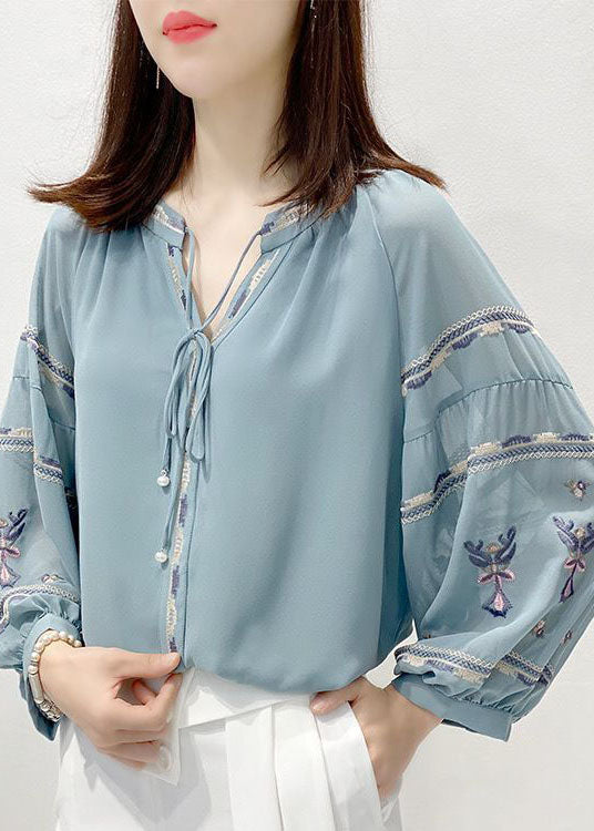 Blue Embroidered V Neck Chiffon Shirt Top Three Quarter Sleeve