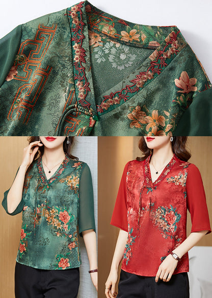 Red V Neck Embroideried Patchwork Silk Blouse Top Half Sleeve