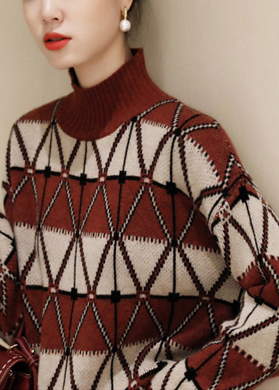 Turtleneck Plaid Patchwork Knit Sweater Long Sleeve