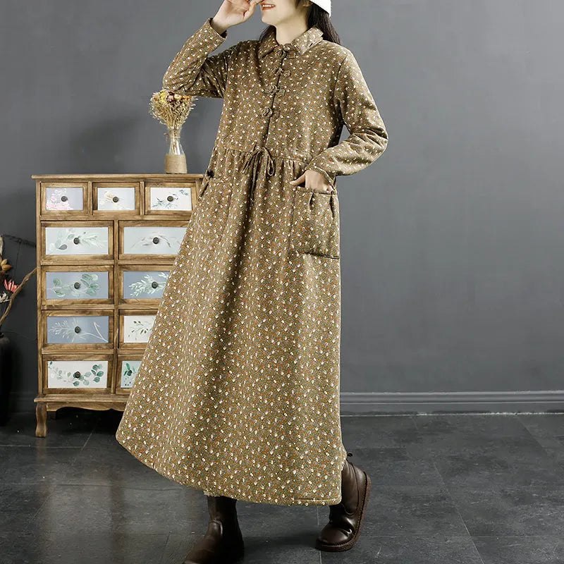 Winter Retro Furred Cotton Linen Dress